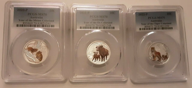 Sydney Money Expo 20/21/22 Mouse,Ox,Tiger 1/4oz Silver Coloured Coin 3 PCGS MS70