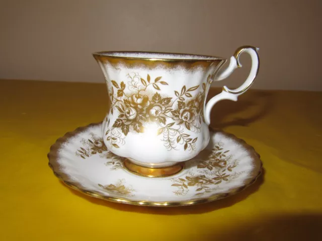 VINTAGE ROYAL ALBERT ANTOINETTE GOLD small COFFEE CUPS&SAUCERS , used in VGC