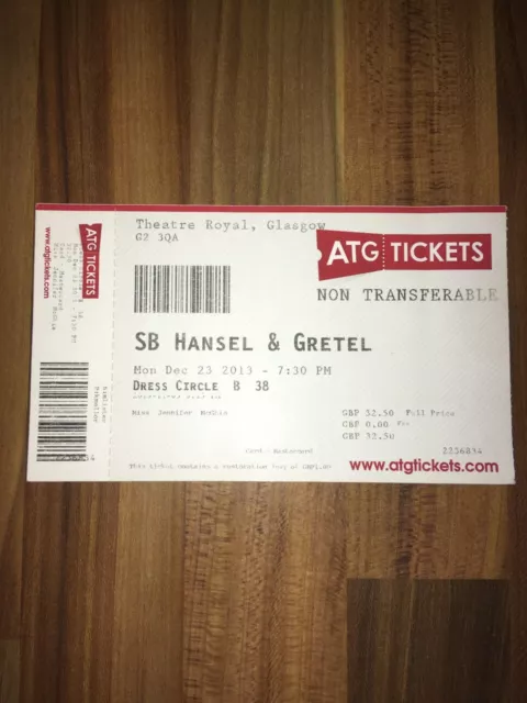 Hansel & Gretel Ticket Stub Theatre Royal Glasgow 23/12/13