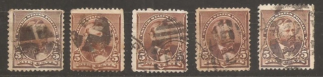 5 Timbres USA " U.S Grant 5 cents, chocolat, n°223 Scott. Divers Fancy Cancel