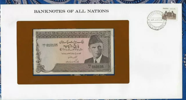 Banknotes of All Nations Pakistan 1984 5 Rupee P-38a.1 UNC LOW# VD/I 011925