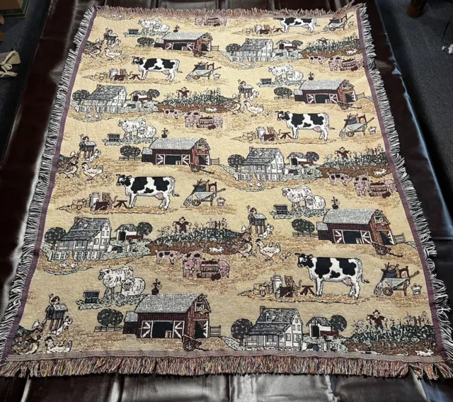 Vintage WOVEN THROW Blanket Tapestry Farmhouse Animal Theme  50x60