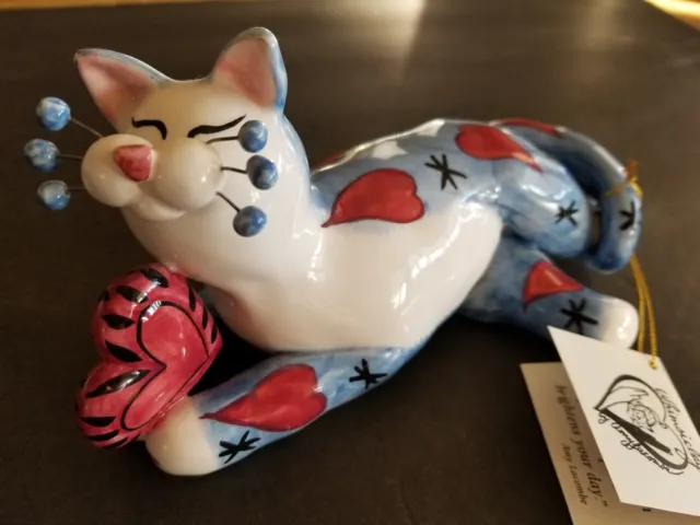 Whimsiclay Amy Lacombe Blue Kitty Cat Figurine Hearts XXO Love Valentine NWT