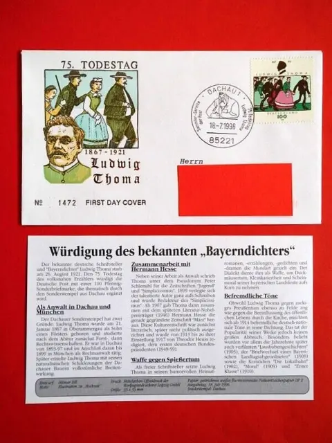 Brief Ersttagsbrief BRD 1996 75. Todestag Ludwig Thoma Mi. Nr. 1870 FDC-Stempel