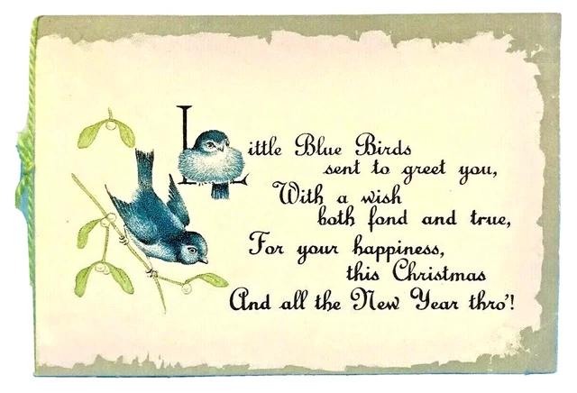Vintage Christmas Greetings Card Blue Tit Birds Cute Green String Poem Verse