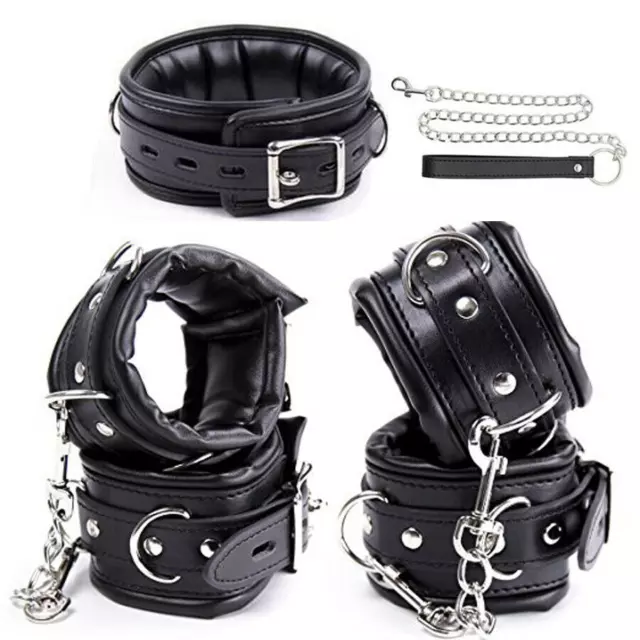 Leather-Padded-Hands-Cuffs & Ankle-Cuffs & Neck-Collar-Set-BDSM-Bondage-Retraint