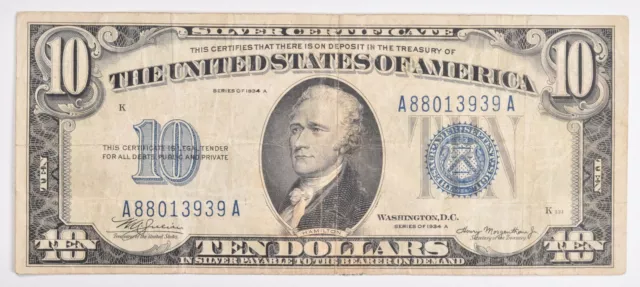 1934-A Silver Certificate $10 Blue Seal Avg Circ