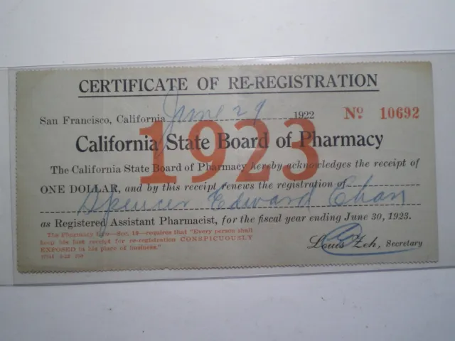 1923 California State Board Of Pharmacy~Certificate Of Re-Registration