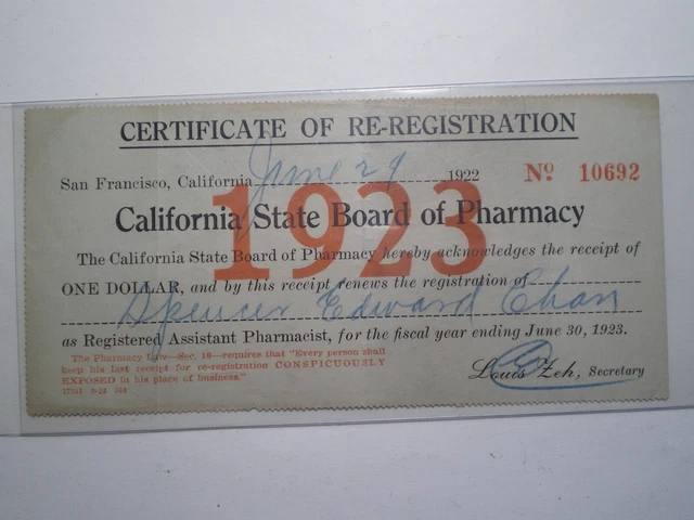 1923 California State Board Of Pharmacy~Certificate Of Re-Registration