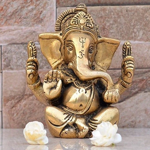 Ganpati Brass Statue Indian Hand Crafted Religious Sculpture of Ganesha (11 cm)