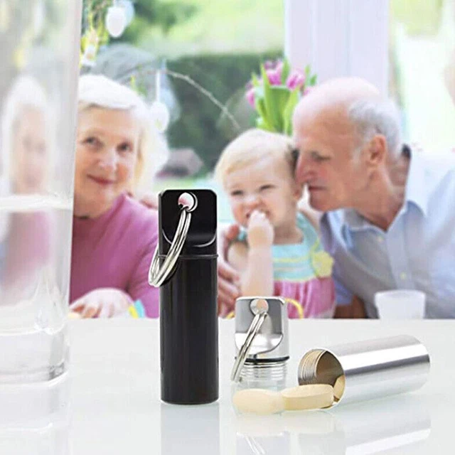 Schlüsselring Tabletten Medizin Behälter Pillenbox Aluminium Schlüssel Medikamentenhalter Kette S3P5