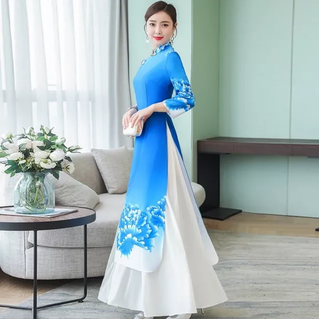 Lady Chinese Cheongsam Qipao Long Dress Maxi Floral Mandarin Collar Ethnic Retro