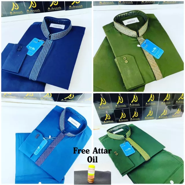 Mens Pakistani /Indian Shalwar Kameez Emroidered Muslim Dress+Free GiftAttar Oil