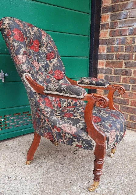 Antique Victorian Slipper Armchair - On Casters & Comfortable Reading Chair