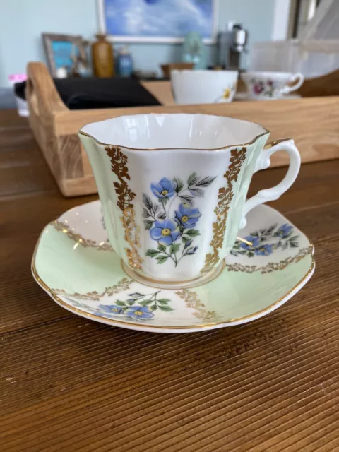 Royal Grafton Green And White Paneled Teacup And Saucer With Gold