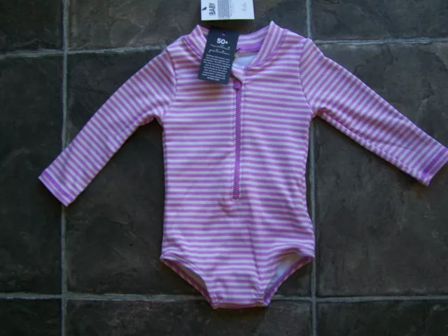 BNWT Baby Girl's Cotton On Lilac & White Long Sleeve Rash Suit Swimsuit Size 00