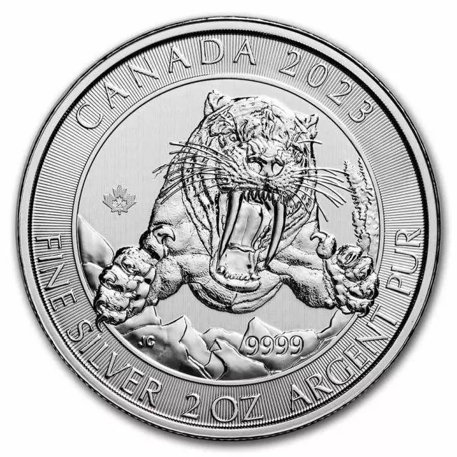 Canada - 2023 - 2 oz Silver Ice Age of Canada Smilodon Sabre-tooth Cat w Capsule