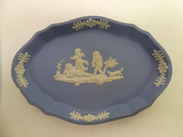 Vintage Wedgwood Blue Jasper Ware Oval Dish Plate Classical Scene