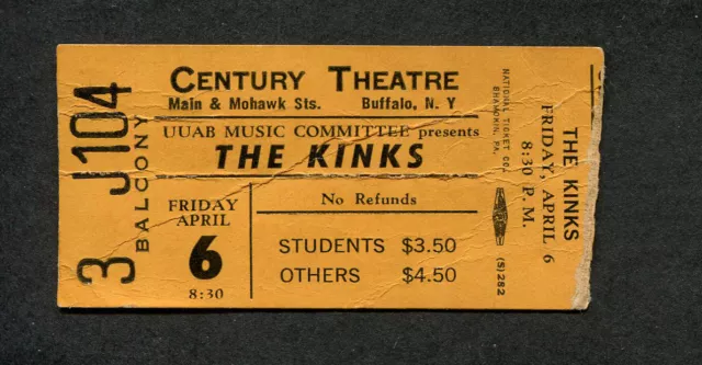 Original 1973 Kinks concert ticket stub Buffalo NY You Really Got Me