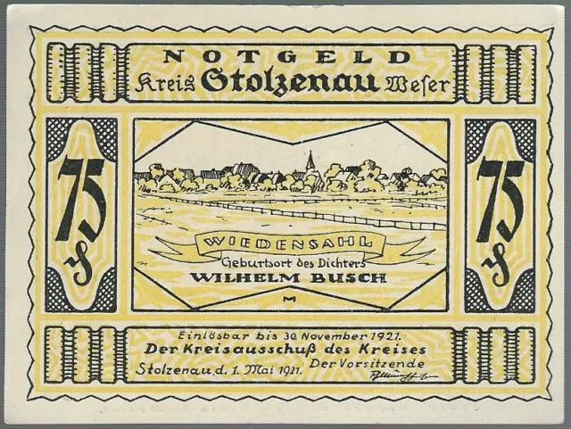 Notgeld - Kreis Stolzenau a. d. Weser - 75 Pfennig - 1921 - Motiv 1 / Wiedensahl