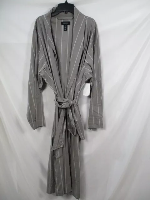 Nordstrom Mens Robe Medium Gray Striped Open Tie Long Sleeve Long White Cotton