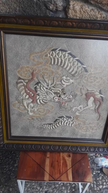 vintage 20th Century CHINESE EMBROIDERY SILK DRAGON w SILVER PANEL Framed