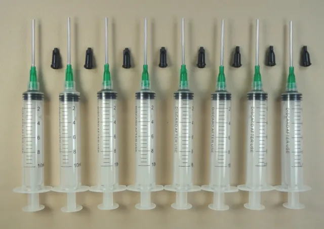 8 Syringes 10ml w 14 Gauge Tips & Caps Dispense E6000 Adhesive Glue LL14