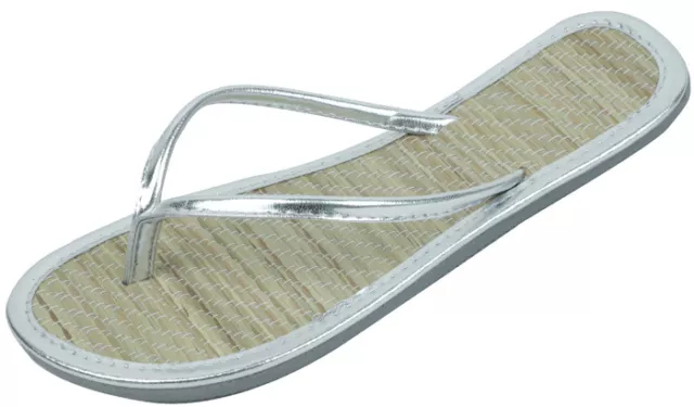 AZAM Womens Faux Bamboo Metallic Thong Beach Sandals Flip Flops Silver