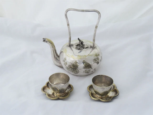 Antique Chinese Silver Plated Tea Pot & Cups T.s. Co