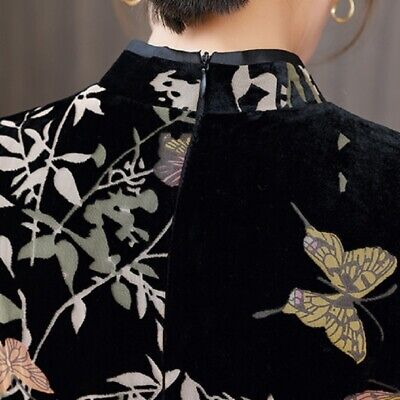Women Floral Cheongsam Dress Elegant Chinese Velvet Chiffon Spliced Long Qipao