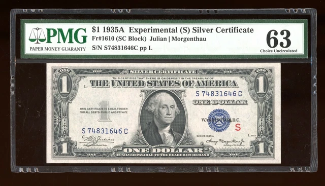 DBR 1935-A $1 Silver Experimental (S) Fr. 1610 PMG 63 Serial S74831646C