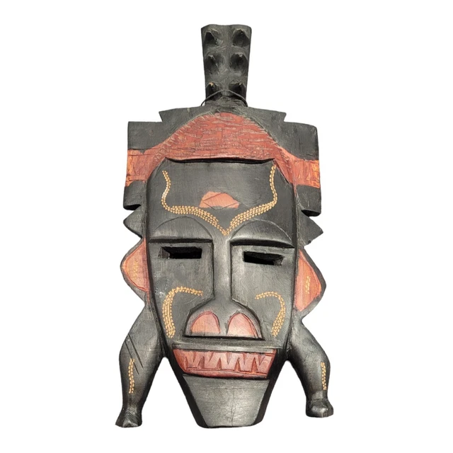 African Mask 14" x 7" Handcarved In Africa Wood Painted
