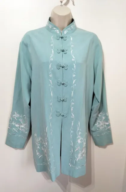 East 100% Silk Duck Egg Blue Asian Oriental Embroidered Kimono Dress Coat 10 12