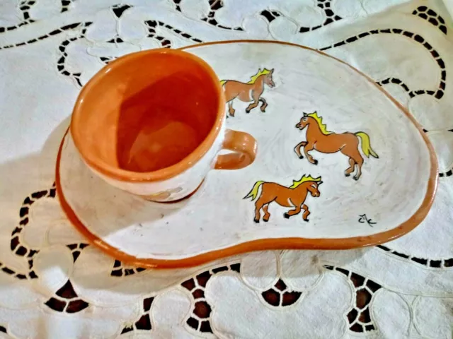 SET COLAZIONE SINGOLA ceramica piatto a fagiolo e tazza manufatta con  cavalli EUR 48,90 - PicClick IT