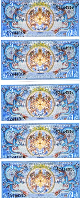 LOT, Bhutan, 5 x 1 Ngultum, ND (1986), P-12, UNC ornate