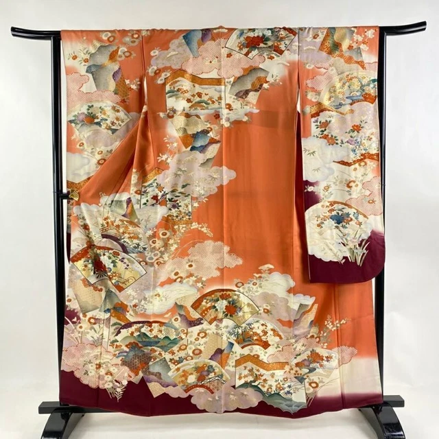 Japanese Kimono Furisode Pure Silk Fan Face Flower Carriage Gold Paint Vermilion