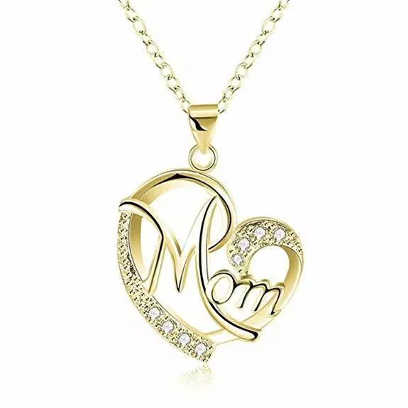 Womens 925 Sterling Silver Gold CZ Love Mom Heart Pendant Link Chain Necklace