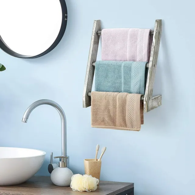 3-Tier Rustic Wood Wall-Hanging Hand Towel Ladder for Bathroom  Storage Rack