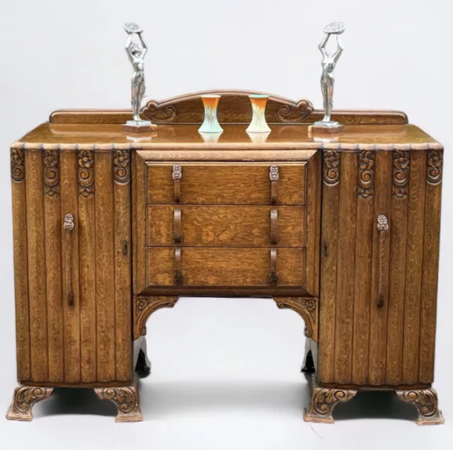 Art Deco Oak Sideboard. Circa 1930’s. Carved With Flowers . Lots Of Storage.