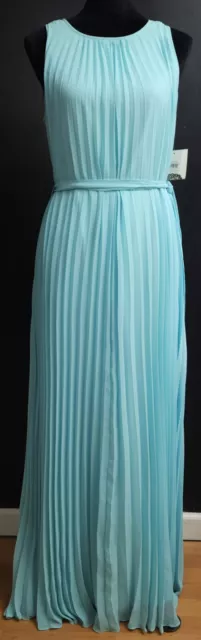 Donna Morgan Cool Blue Chiffon Pleated Sleeveless Maxi Dress Gown Sz 8 NWT