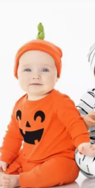 2 Pc Carters Halloween Jack O Lantern Outfit Pumpkin Jumpsuit Bodysuit Hat Set 6