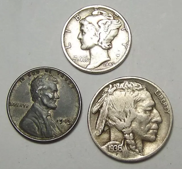 Old US Coin Lot - Buffalo Nickel, Steel Cent & Mercury Silver Dime- 3 Coin Set