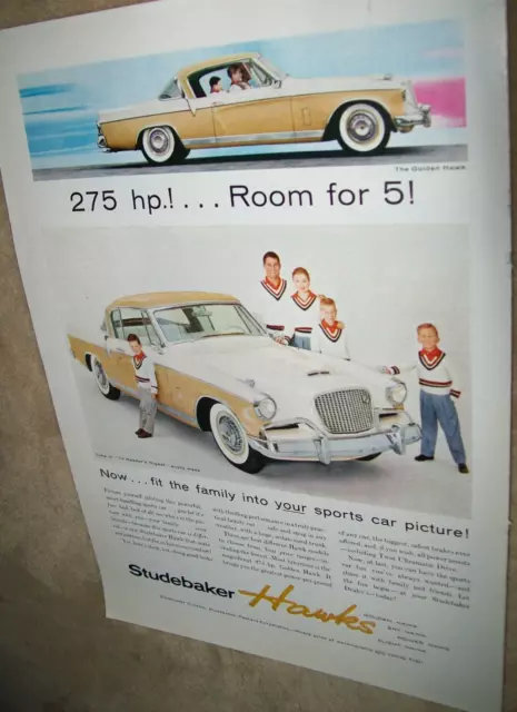 1956 56 Studebaker Golden Hawk mid-size magazine car ad -"275 hp!...Room for 5!"