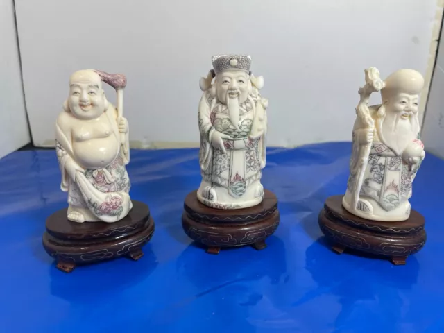 Vintage Intricate Hand Carved Chinese Painted Royal Figurines W/Case Signed (3)p