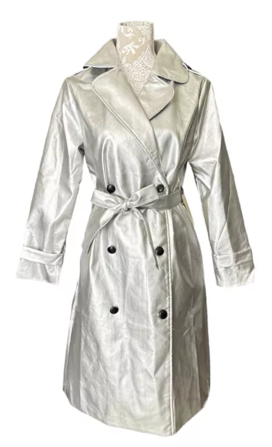 Peach Long Silver Trench Coat With Black Buttons NEW - Size Large