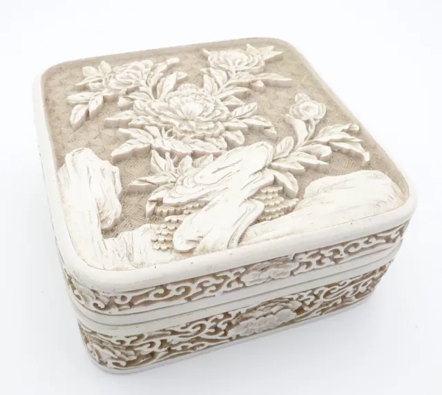 Vintage Chinese White Cinnabar Large Trinket Box