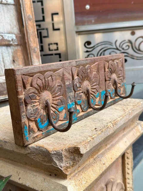 1890 Antique Wooden Old Floral Hand Crafted Wall Hanging 3 Hook Hanger Panel