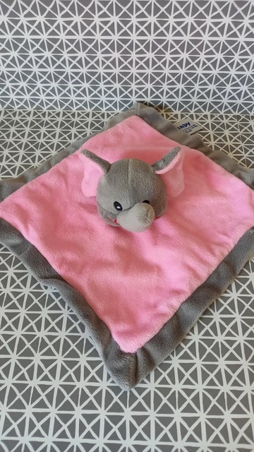 Doudou plat carré éléphant rose gris Sandy
