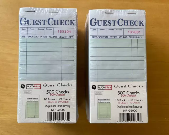 2 Guest Check Books Packages Of 10 Book pack, 50 Two-Part Carbon Checks Per Book