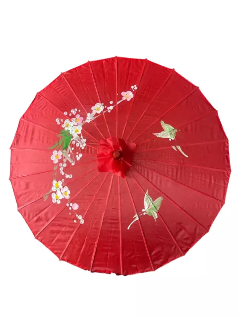 Parasole Asian Japenese Chinese Umbrella 22” Handle 33” Red Birds Flower